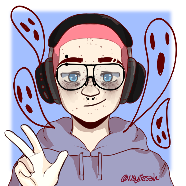 Picrew Avatar with pink hair, blue eyes, a grey hoodie, and black headphones making a peace sign
